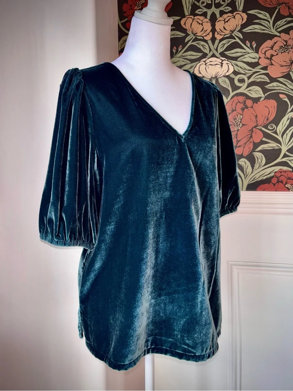 Velvet Puff Sleeve V-Neck Top Teal Blue Romantic Style